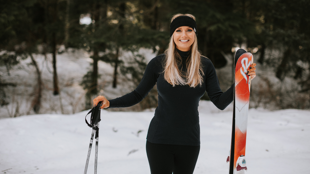 Model Wearing Kendall Headband, Peyton Turtleneck, and Stella Leggings while out Skiing
