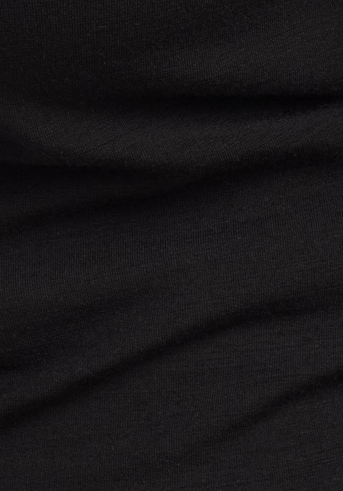 Close-up of the Woolx Annie 3 Button Pullover in black, showcasing its heavyweight sweater fabric with a slightly ribbed texture and gentle folds that highlight the weave and subtle shading.