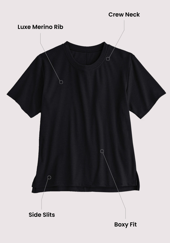 The Woolx Delia Ribbed Short Sleeve in Surfside features a crew neck, side slits, boxy fit, and moisture-wicking comfort.