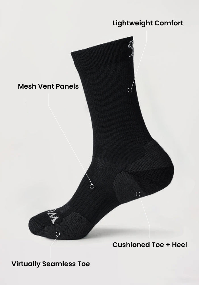 The Woolx Mens Harbor Crew Sock in Forest offers lightweight comfort, mesh vent panels for moisture-wicking, a cushioned toe and heel, and a virtually seamless toe. Shown against a plain white background.