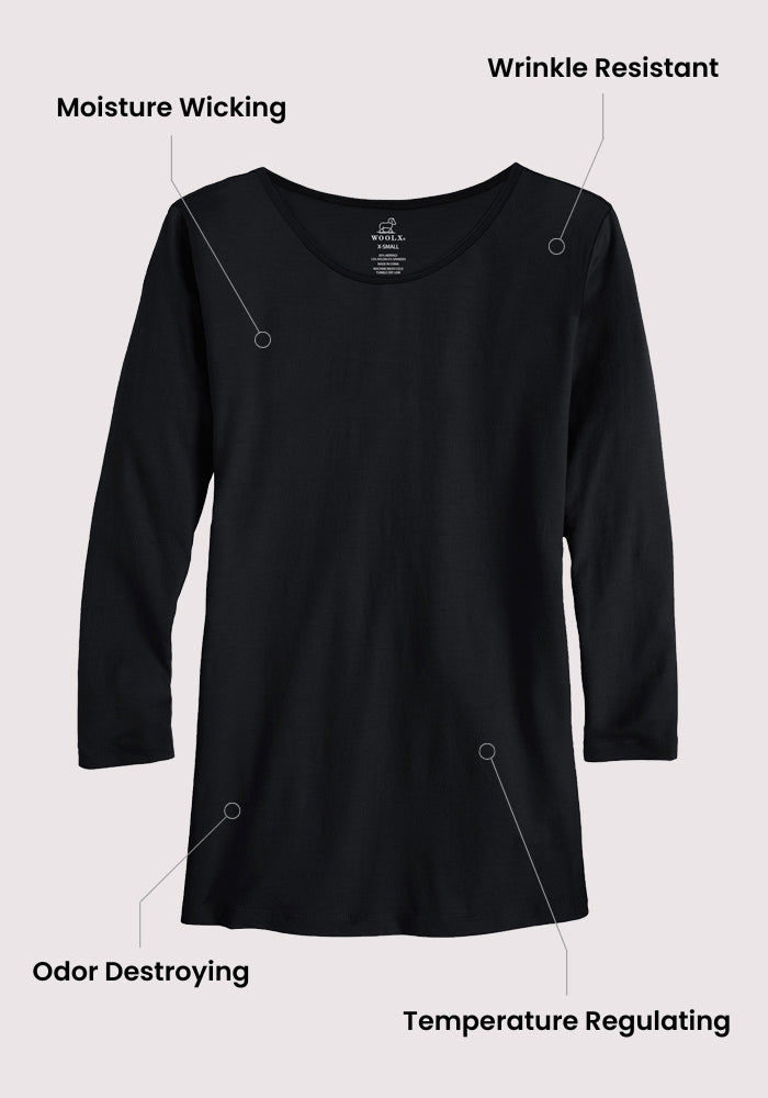 Woolx Jenny 3/4 Sleeve Crew Neck in Summer Sorbet: moisture wicking, wrinkle resistant, odor destroying, temp regulating.