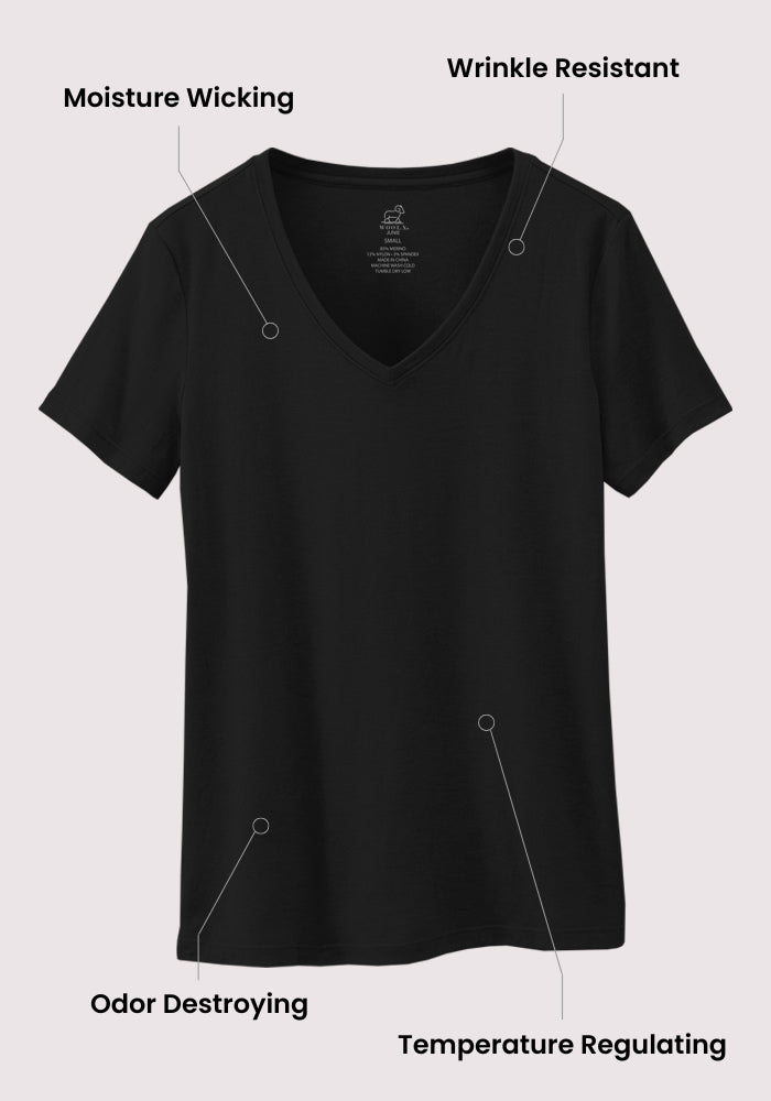 The Woolx Junie V Neck - Cream Heather is displayed center on a light background, with text noting its features: "Moisture Wicking," "Wrinkle Resistant," "Odor Destroying," and "Temperature Regulating.