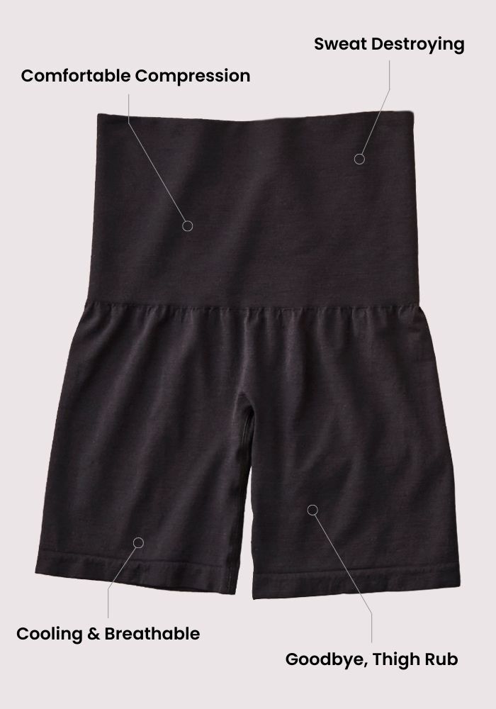 Woolx Marley Shapewear Shorts - Black: Comfortable compression, sweat-wicking, cooling & breathable. Enjoy all-day seamless fit, gentle tummy control, and goodbye to thigh rub.