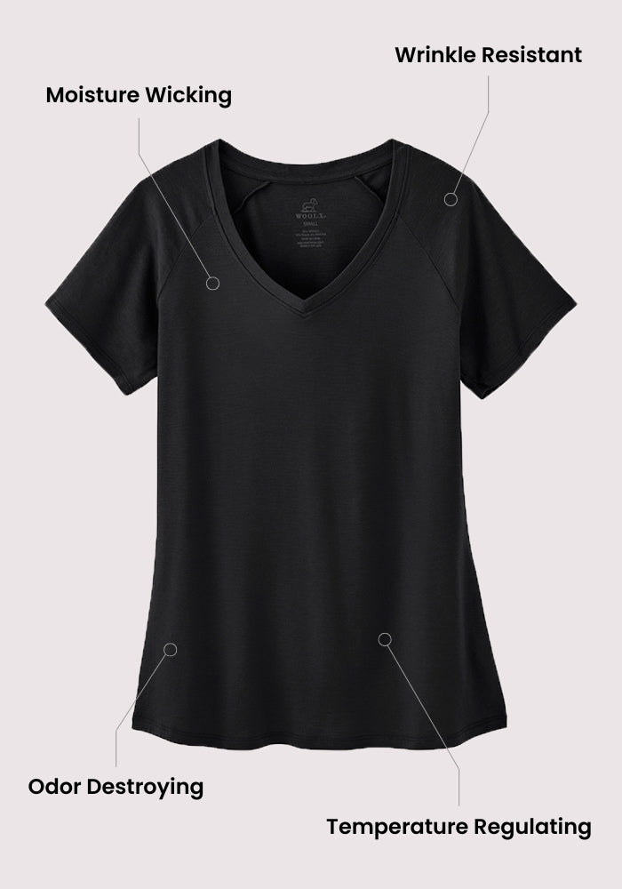Woolx Mia V Neck - Berry Ice Pop: short-sleeve Merino wool tee that's moisture-wicking, odor-resistant, and wrinkle-free.