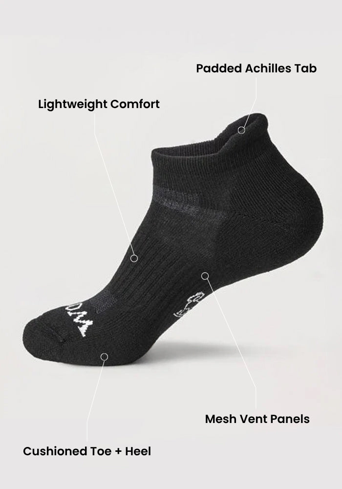 The Woolx Mens Rowan No Show Socks in Evening Tide are black ankle socks with a padded Achilles tab, cushioned toe and heel, mesh vent panels, and lightweight comfort—designed for softness, performance fit, and temperature regulation.