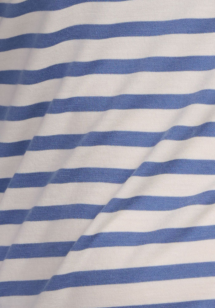Woolx Remi Long Sleeve T-Shirt in Blue Sand Stripe: moisture-wicking and odor-resistant, perfect for travel.