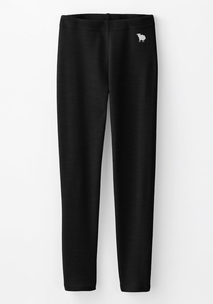 The Woolx Kids Explorer Base Layer Bottoms in black feature a small white moose logo on the left hip, shown against a plain white background.