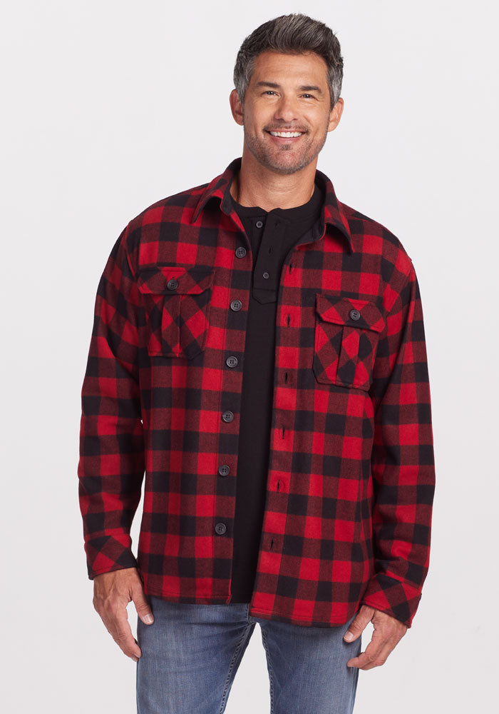 A smiling man in a Woolx Burlington Jacket • Final Sale Deals! - Red Black Plaid and blue jeans stands against a plain white background.