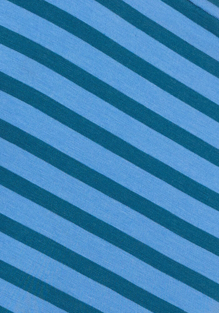 Close-up of the Liza Crew Neck Tee - Coastal Stripe by Woolx, showcasing lightweight performance Merino wool fabric with orderly diagonal blue stripes—perfect for a stylish and functional t-shirt.