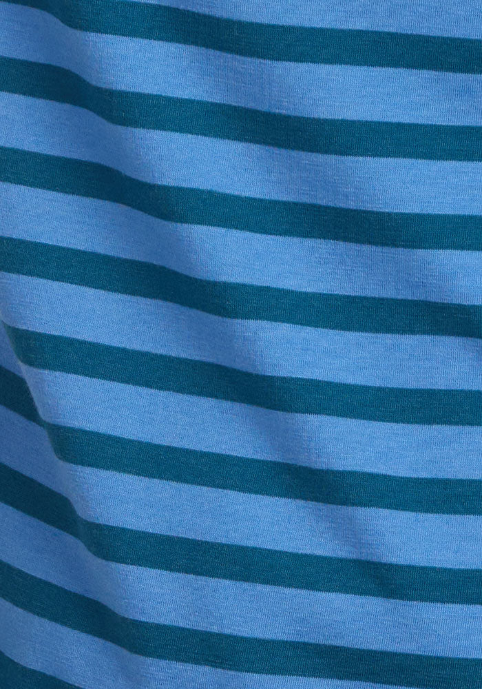 Woolx Mia V Neck - Coastal Stripe features blue and dark green stripes in odor-resistant Merino wool.