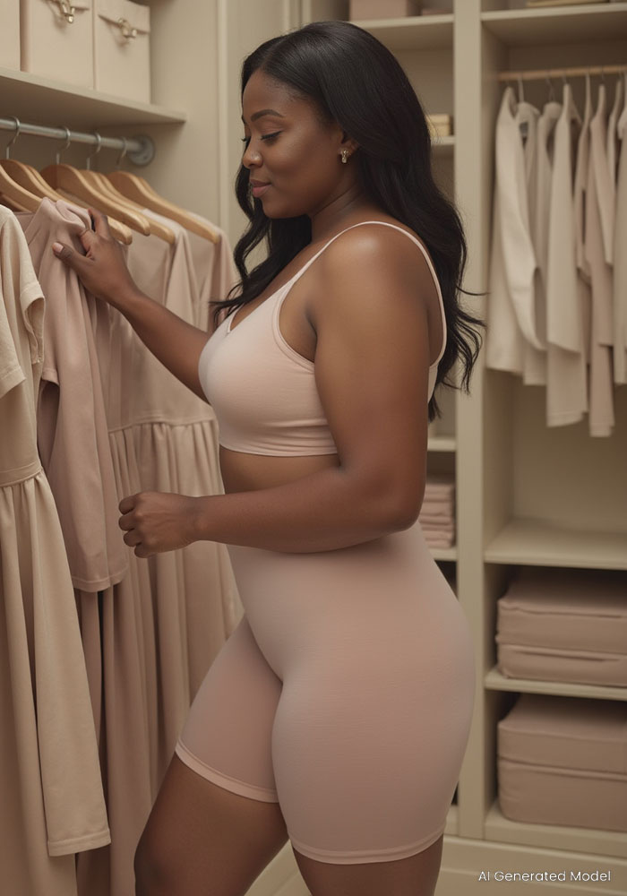 A woman in Woolx Marley Shapewear Shorts - Sand stands in a tidy closet, browsing clothes on hangers. Soft neutrals of the garments and shelves set a calm, stylish mood.
