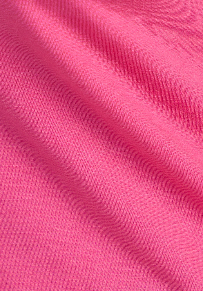 Close-up of Woolx Jenny 3/4 Sleeve Crew Neck in Raspberry Fizz, showing texture—ideal lightweight top.