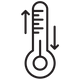 A line drawing of a thermometer with an upward arrow on the left and a downward arrow on the right, representing temperature increase and decrease.