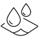 A simple black line icon showing two water droplets above a soft, curved surface, representing absorbency or liquid absorption.