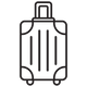 Black and white line drawing of a rolling suitcase with a telescopic handle and two wheels at the bottom. The suitcase has vertical lines and rounded corners.