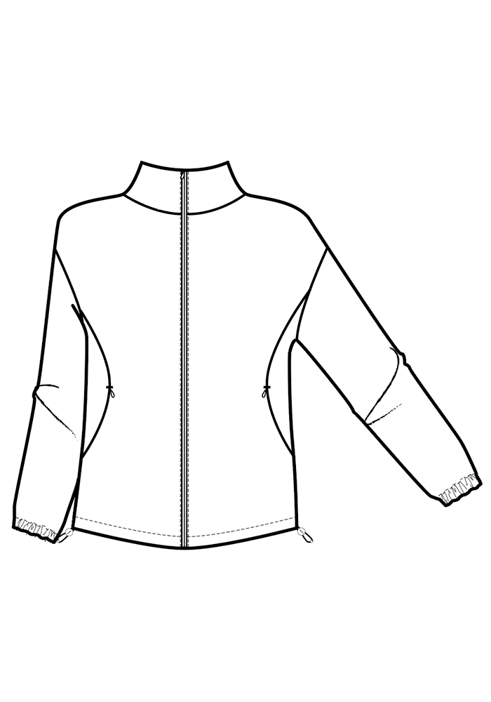 Black-and-white line art of the Woolx Cooper Windbreaker in black with long sleeves, high collar, and zippered pockets.